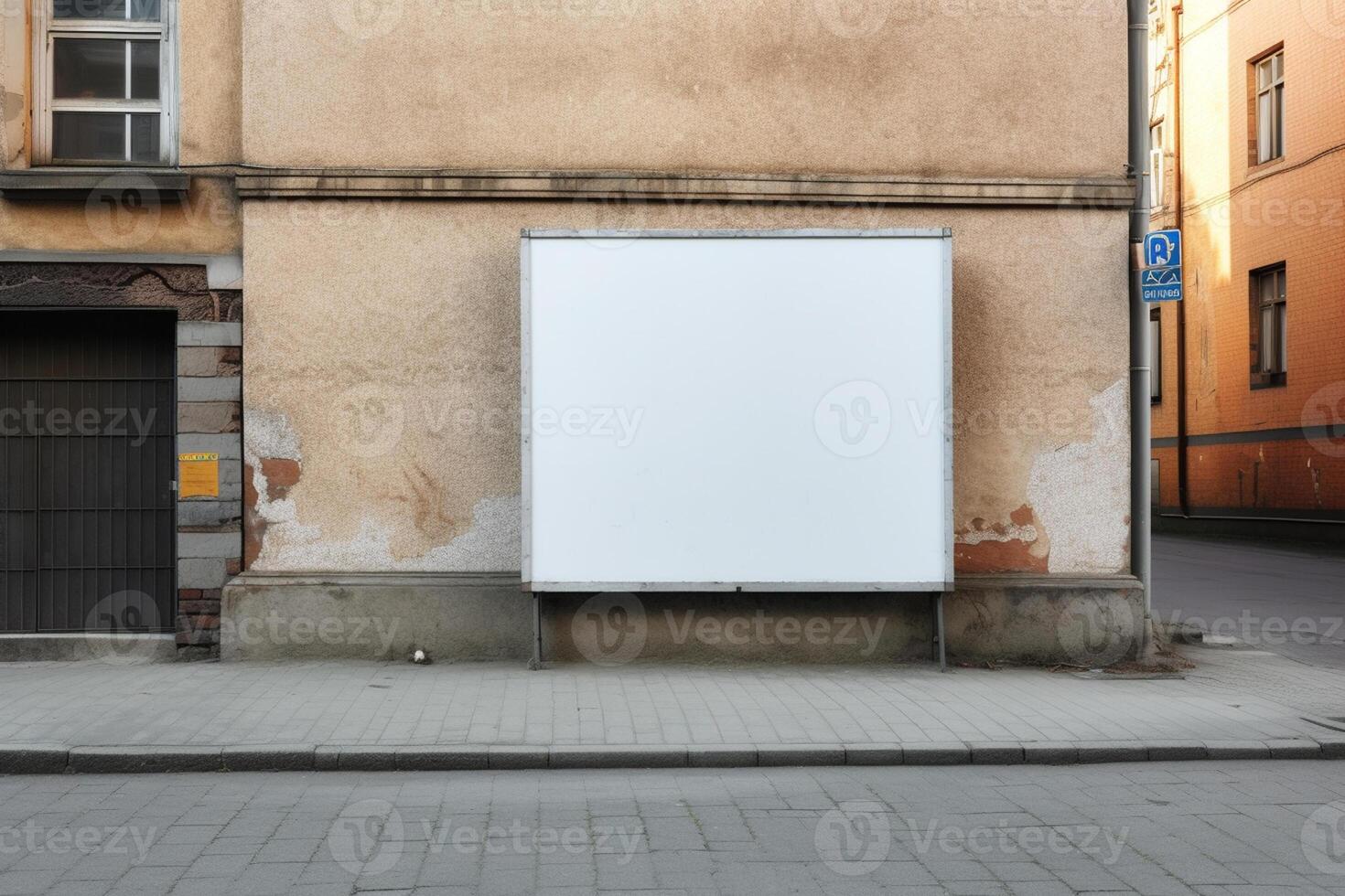 A blank white billboard mockup on a sidewalk in a city photo