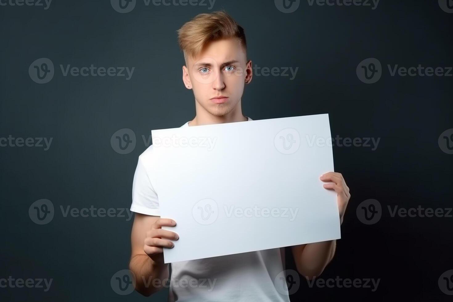 A man holds a blank white sign board mockup in his hand photo