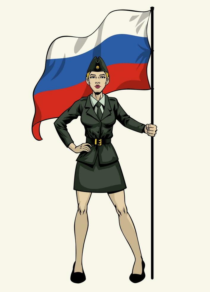 hermosa ruso militar soldado sostener el bandera vector