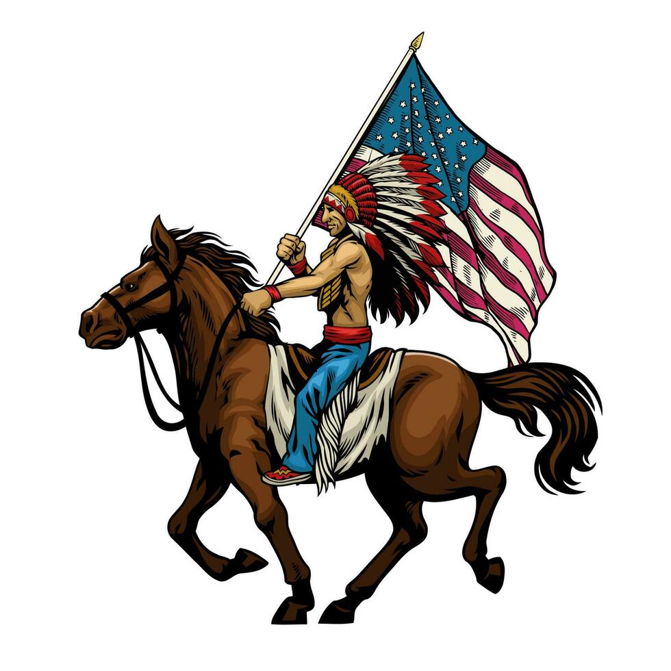 mano dibujado nativo americano indio jefe paseo caballo y sostener el Estados Unidos bandera vector