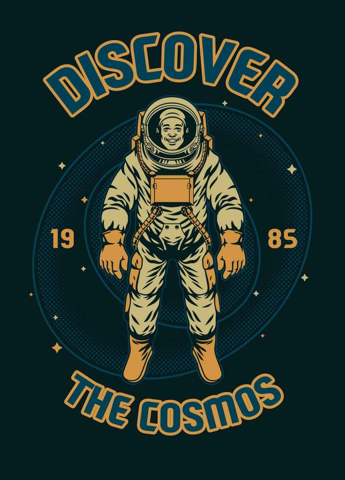 Vintage t-shirt design discover cosmos astronaut vector