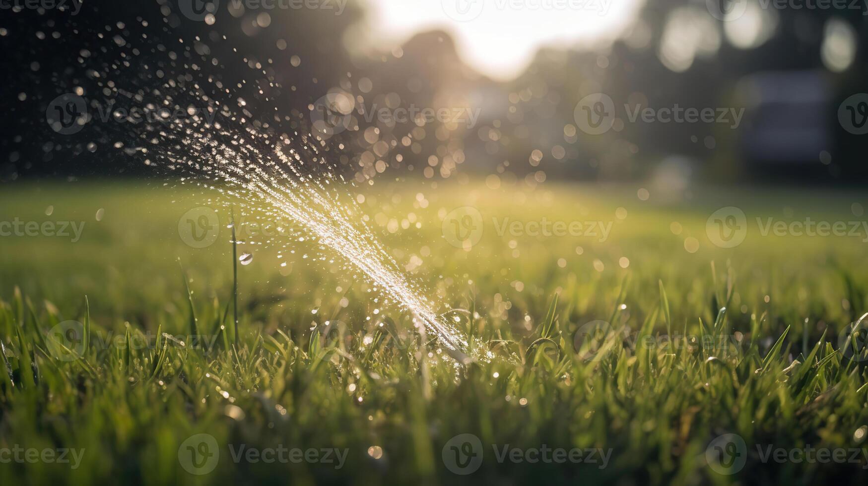 Water spraying from hose on green grass outdoors, photo