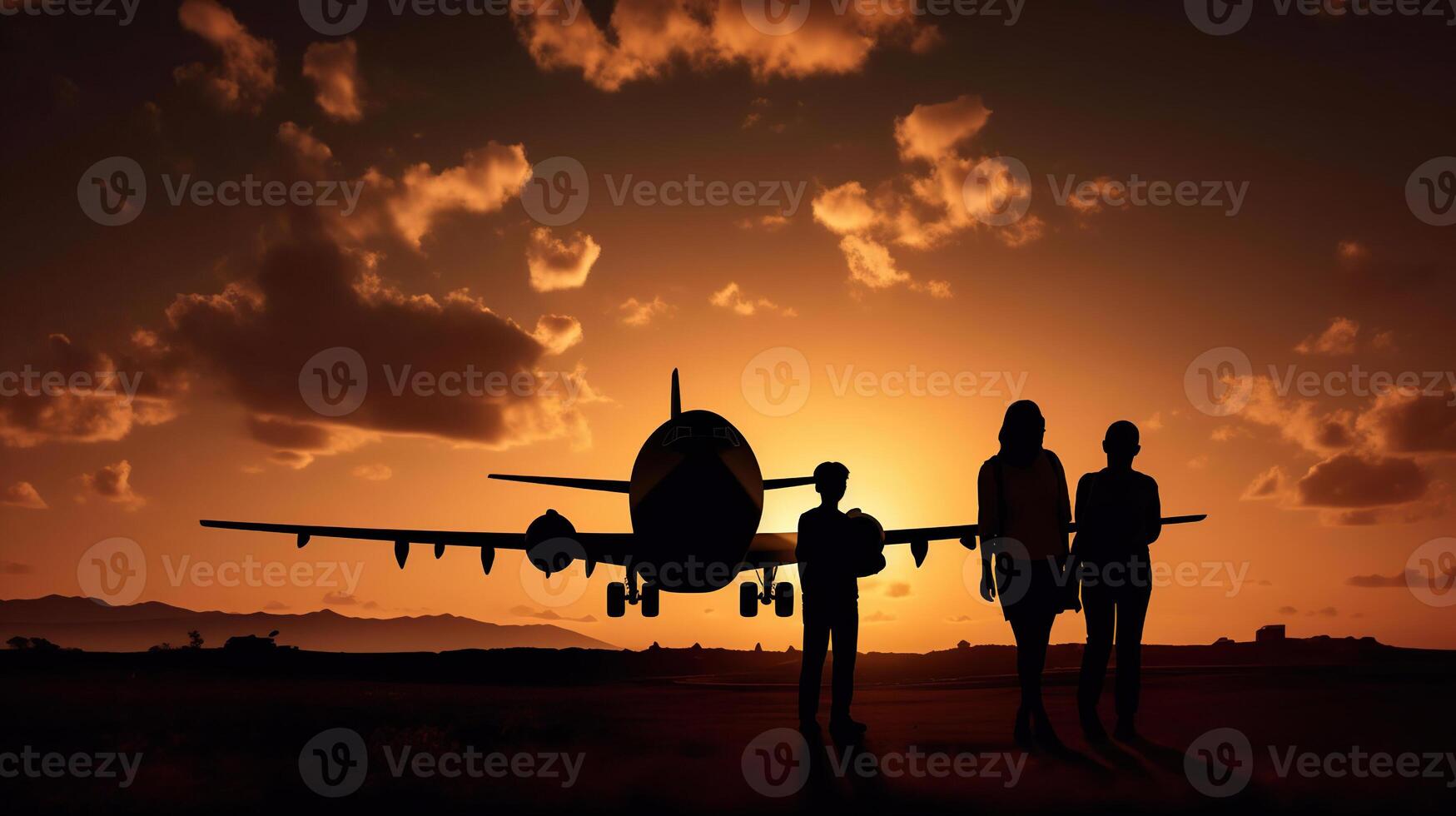 Silhouette of young family and airplane, photo