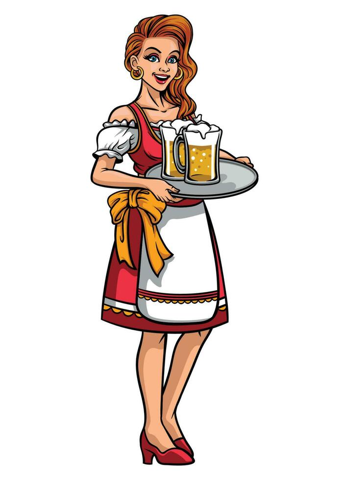 hermosa niña de Oktoberfest vistiendo bávaro tradicional ropa beber y presentación el cervezas vector