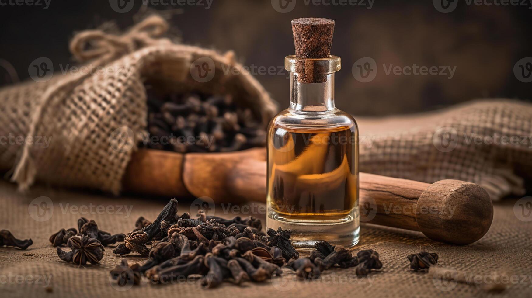 Close up glass bottle of clove oil and cloves in wooden shovel on burlap sack. Essential oil of clove rustic style background spice concept, photo