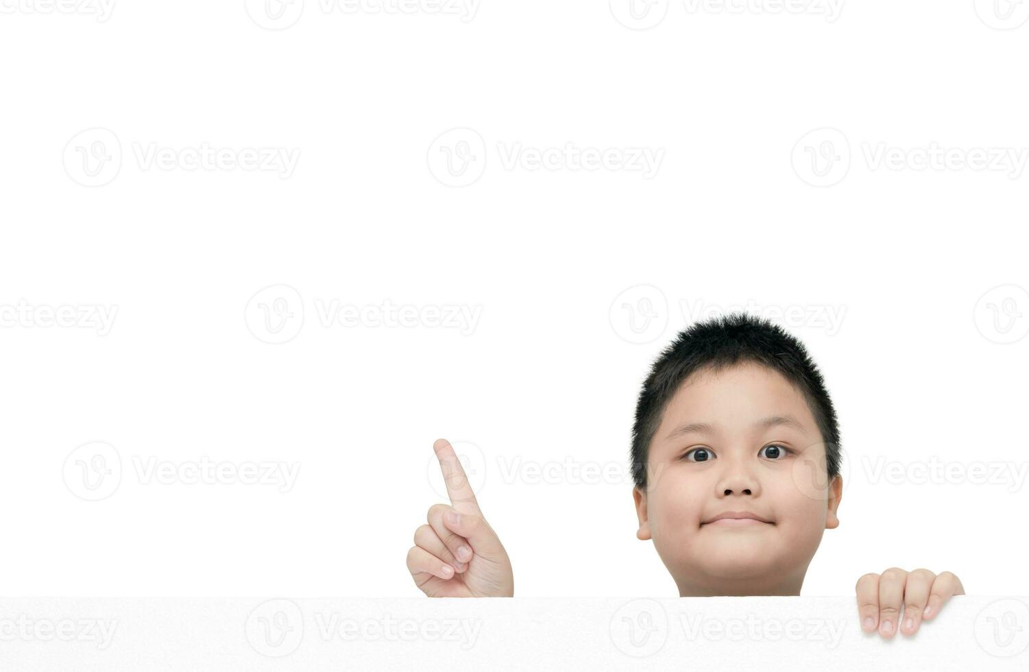 obese fat boy pointing on white banner board isolated photo