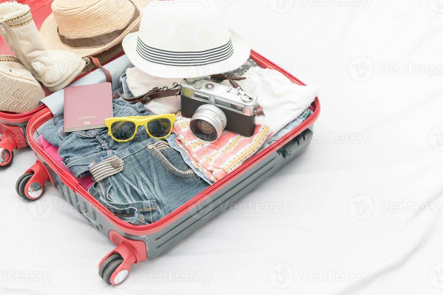 Travel accessories costumes. Passport, luggage, camera. photo