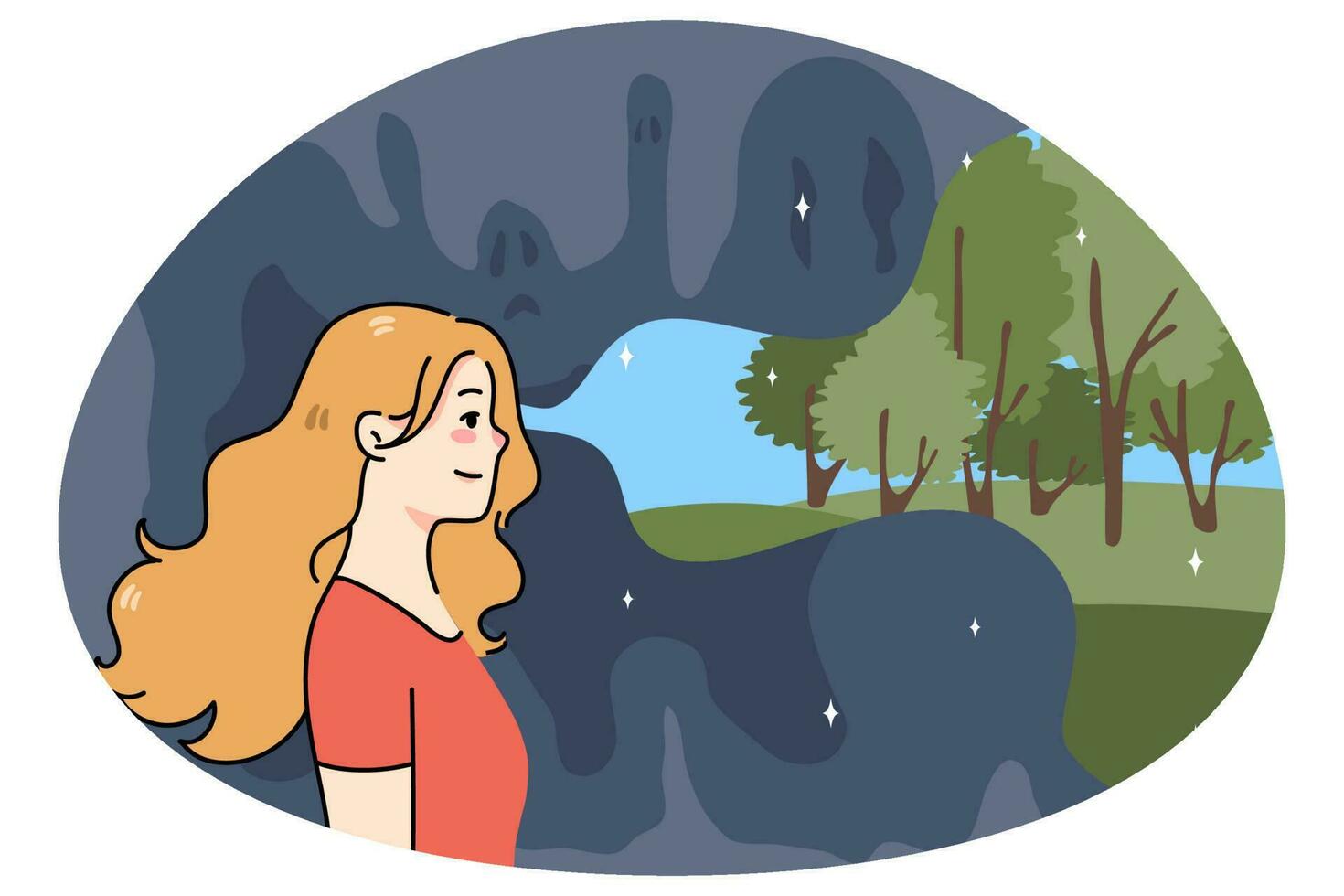 Smiling woman look at world in good light vector