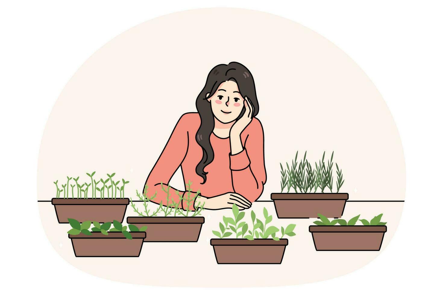 mujer creciente microverde y hierbas en ollas vector