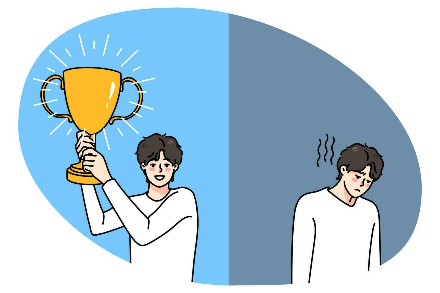 Unhappy and happy man with trophy vector