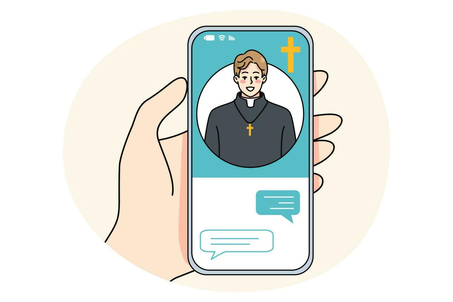 Person talk with priest online on cellphone vector