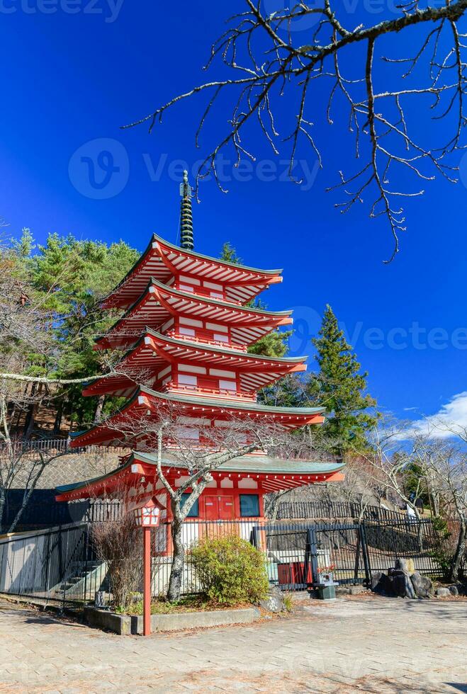 Red pagoda, Chureito is landmark near Fuji mountain photo