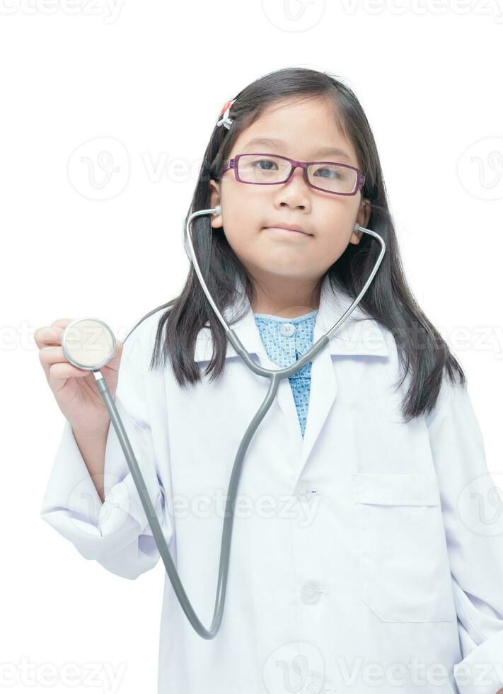 Portrait of cute little girl doctor holding stethoscope  isolated on white background, health care concept photo