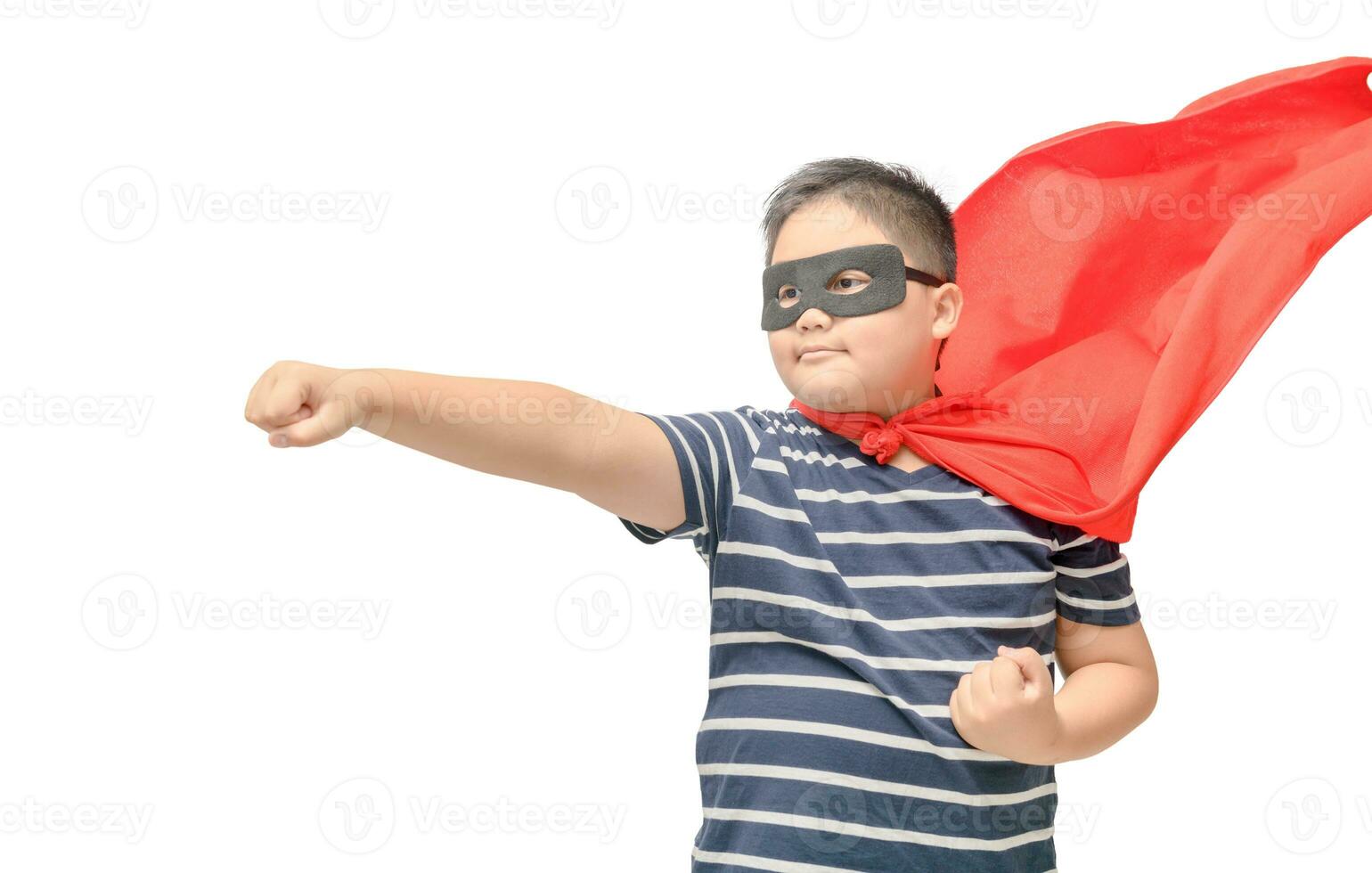 Fat child plays superhero isolated photo