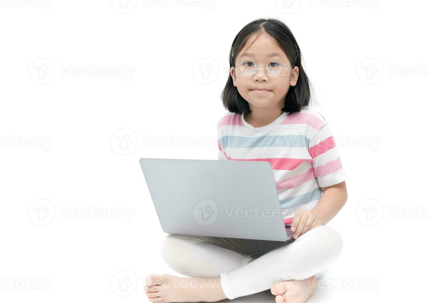 asian cute girl student using laptop to do homework photo