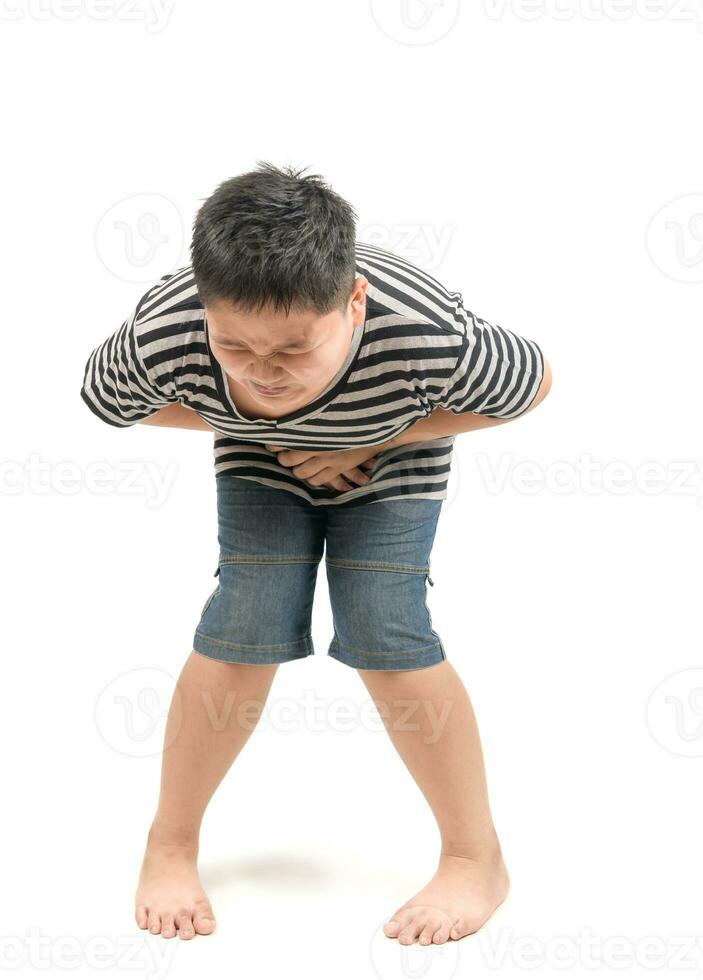 Obese boy having a severe stomach ache and screaming or need a pee photo