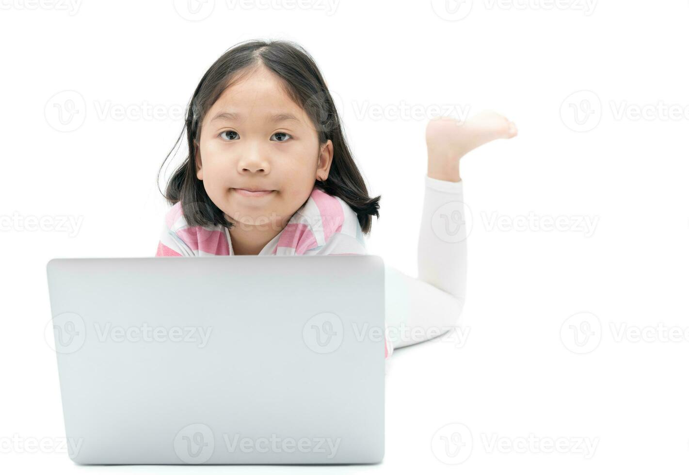 asian cute girl student using laptop to do homework isolated photo