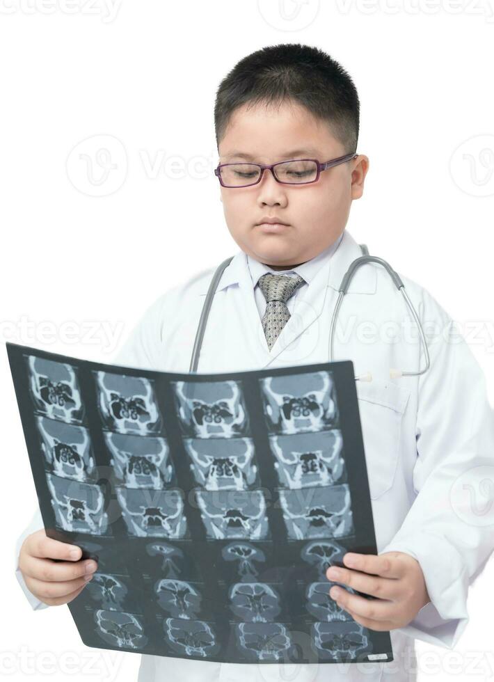 obese boy doctor check x-ray film isolated on white background photo