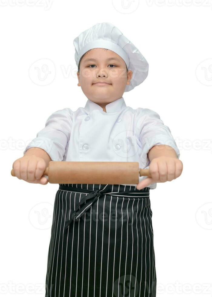 chef in uniform cook holding rolling pin photo