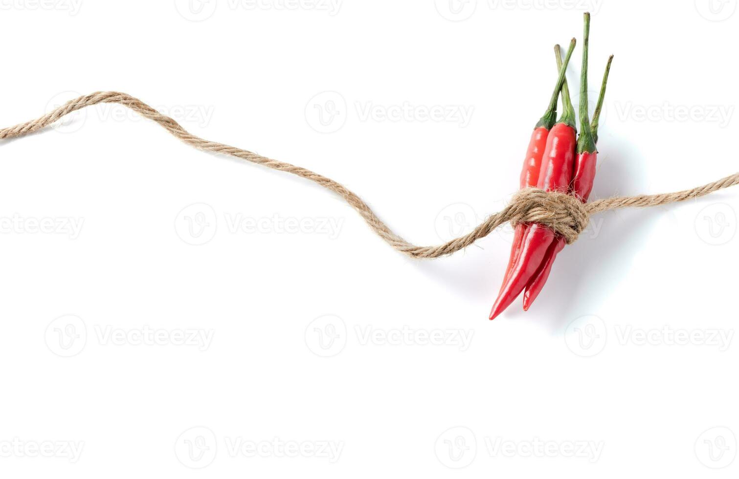rojo chile pimienta con cuerda aislado en blanco foto