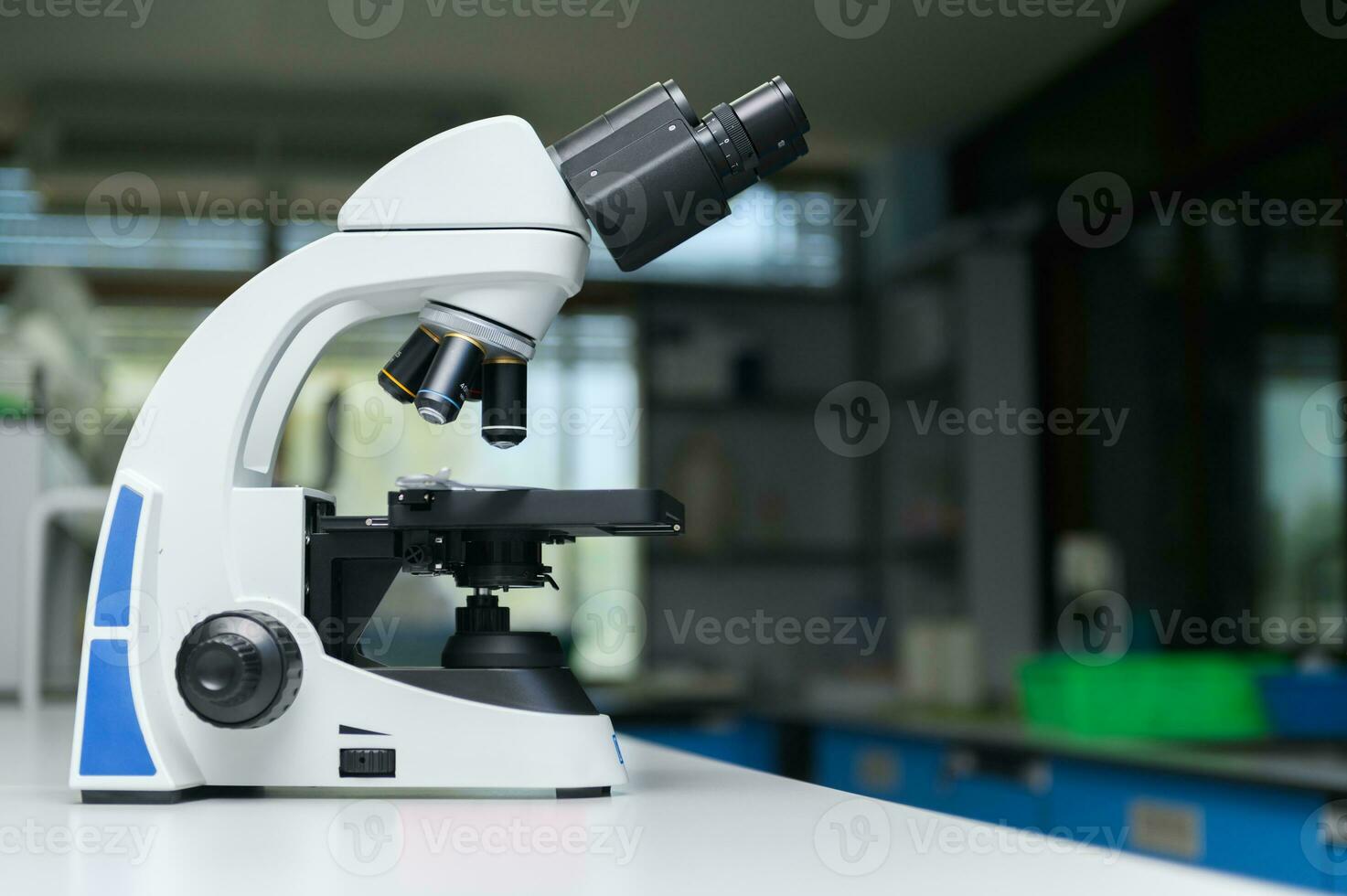 Microscope in laboratory room, science concept photo