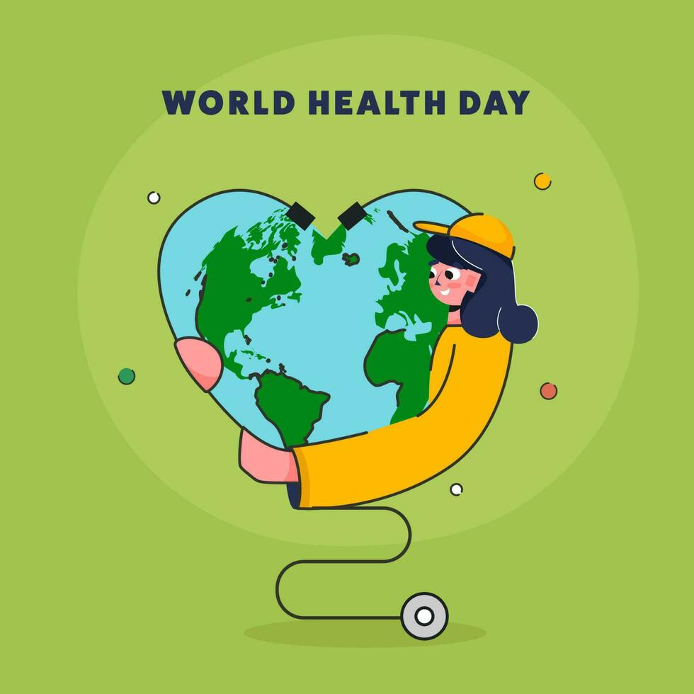 World Health Day Concept With Young Girl Holding Heart Shaped Earth Globe And Stethoscope On Green Background. vector