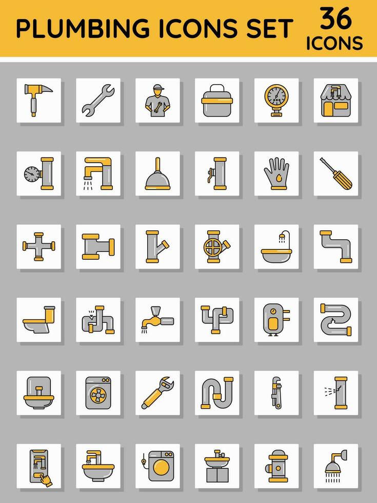 Orange And Gray Plumbing Icon Set On White Sqaure Background. vector