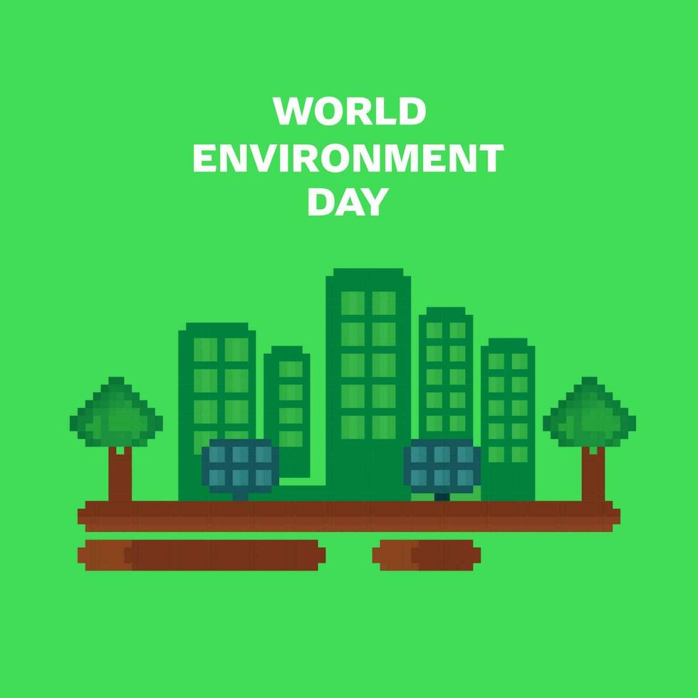 World Environment Day Concept With Pixel Art Buildings, Solar Panels And Trees On Green Background. vector