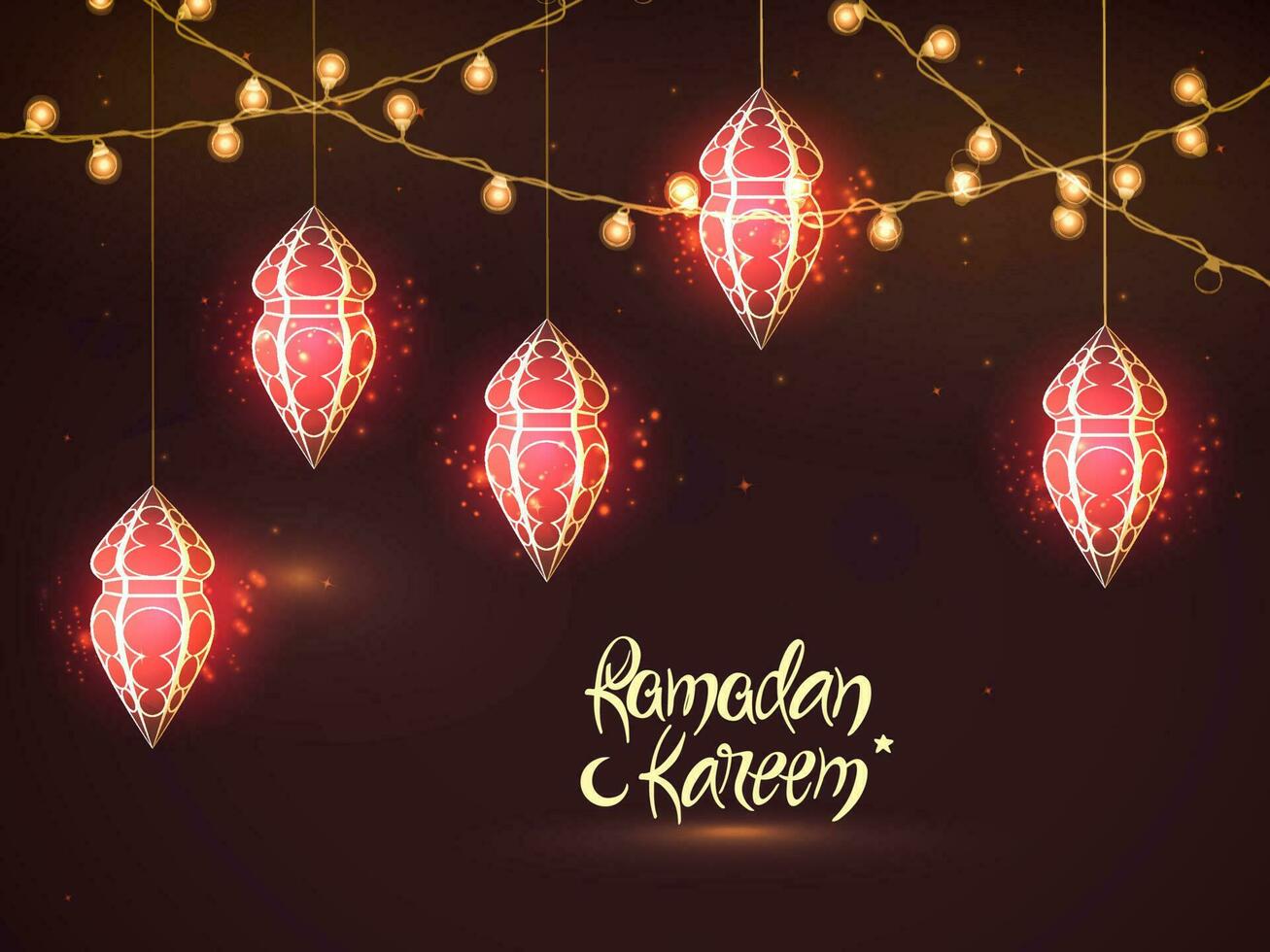 Ramadan Kareem Celebration Background Decorated With Illuminated Lighting Garland And Arabic Lanterns Hang. vector