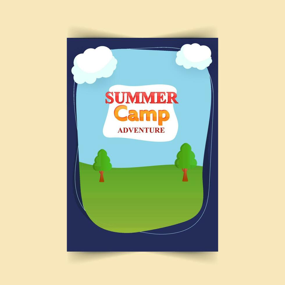 Adventure Summer Camp Flyer Design With Natural View In Blue And Green Color. vector