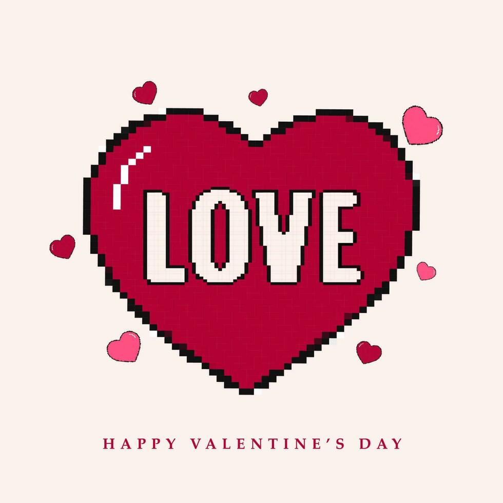 Pixel Style Love Font Over Pink Heat Shape Background For Happy Valentine's Day Concept. vector