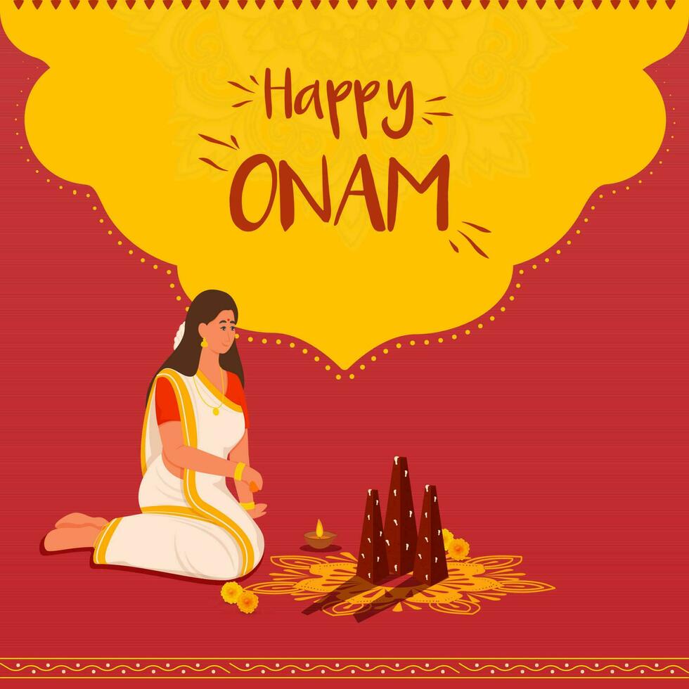 contento onam celebracion concepto con sur indio mujer adorando trikkakara appan ídolo en rojo y cromo amarillo antecedentes. vector