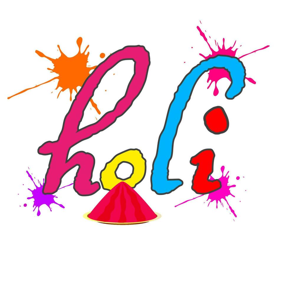 Colorful Holi Font With Color Splash Effect And Plate Full Of Powder On White Background. vector