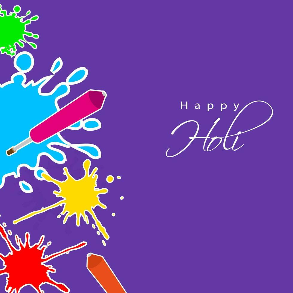 Happy Holi Celebration Poster Design With Sticker Style Water Guns And Color Splash Effect On Purple Background. vector