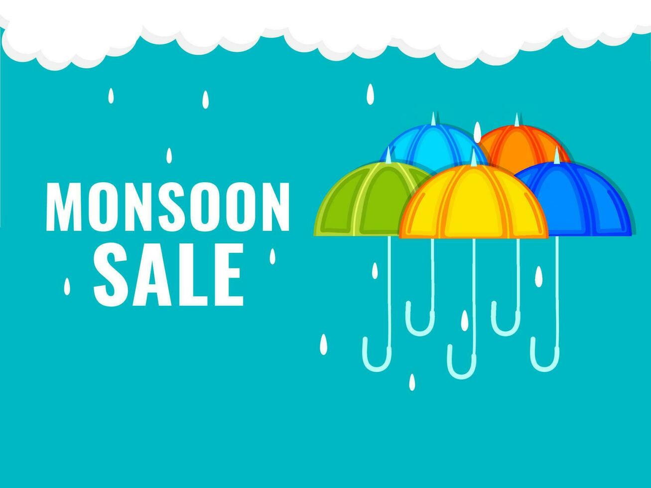 Monsoon Sale Poster Design With Five Color Umbrella, Water Drops On White Clouds And Blue Background. vector