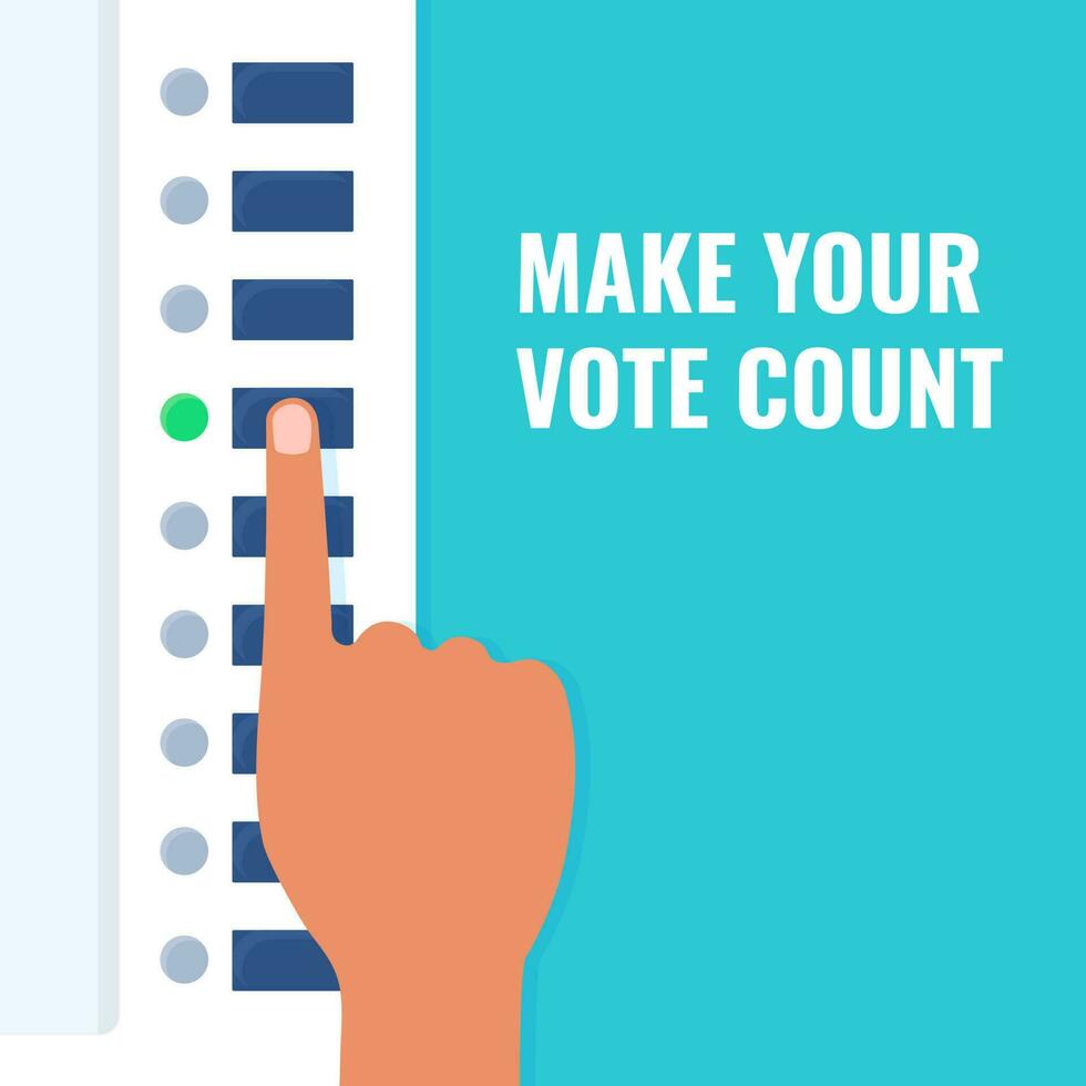 Illustration Of Human Hand Pressing Button For Count Your Vote On Blue Background. vector