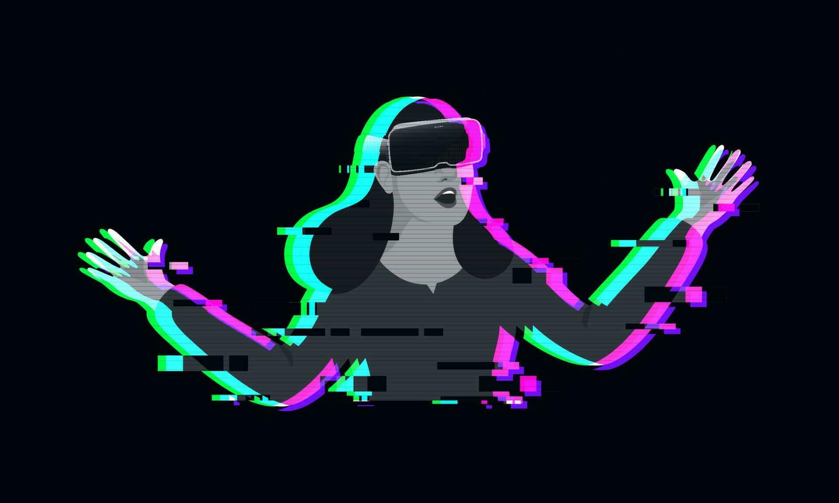 Futuristic digital technology, metaverse, NFT, virtual reality, surrealism concept, young girl wearing VR, virtual reality goggle, experiencing virtual world, glitch effect. vector