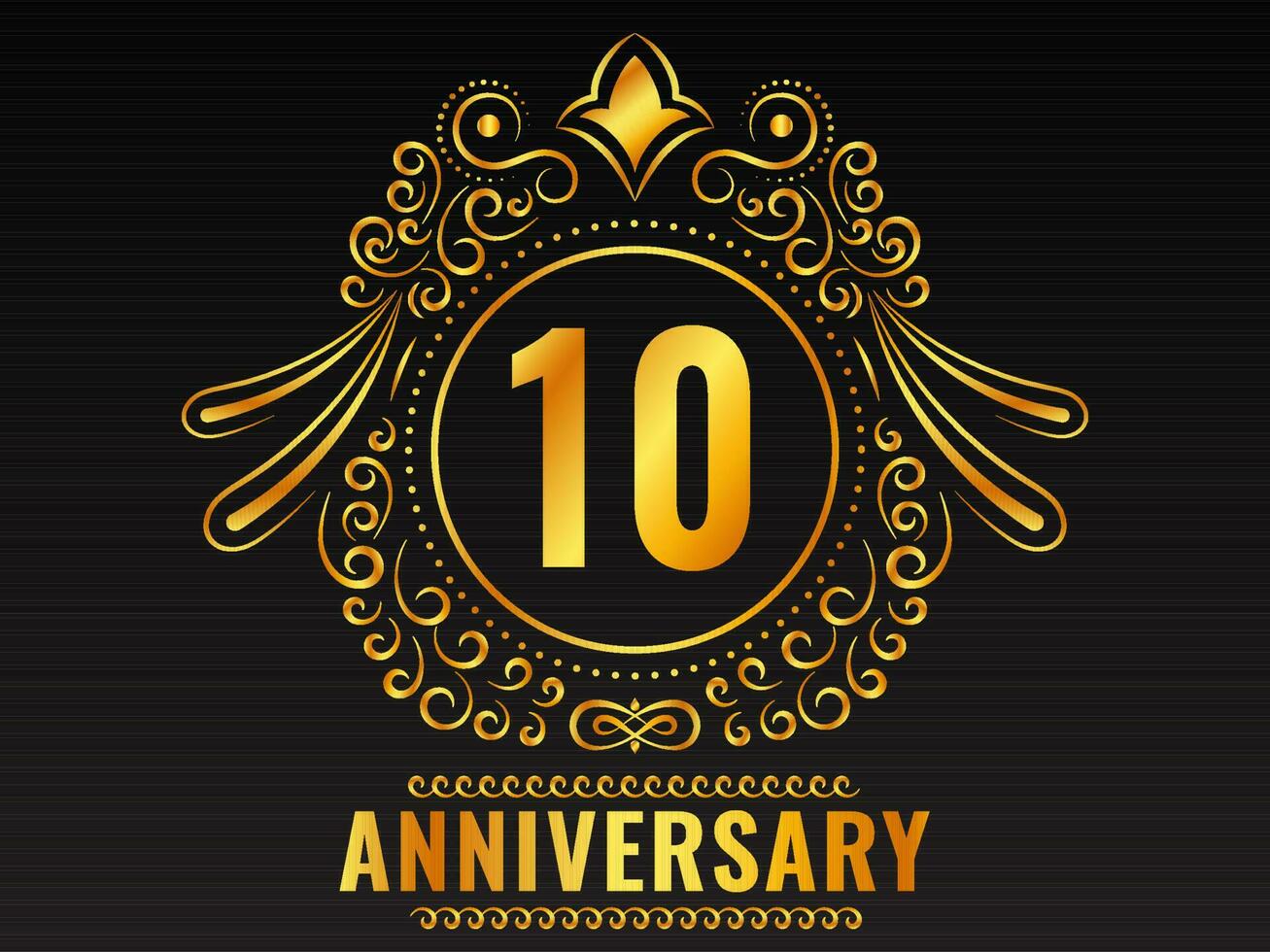 Golden 10th Anniversary Emblem Badge Or Label On Black Background. vector
