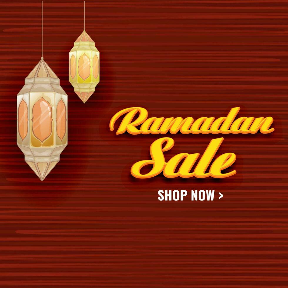 Ramadán rebaja póster diseño con Arábica linternas colgar en rojo horizontal líneas antecedentes. vector