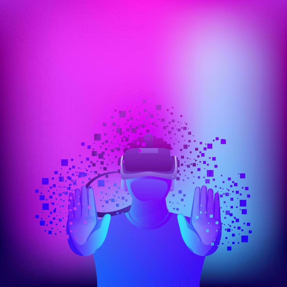 Human Wearing VR Box Against Abstract Magenta And Blue Background For Metaverse. vector