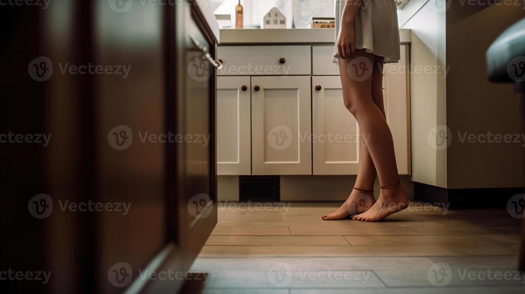 Barefoot woman near counter in kitchen, closeup, photo