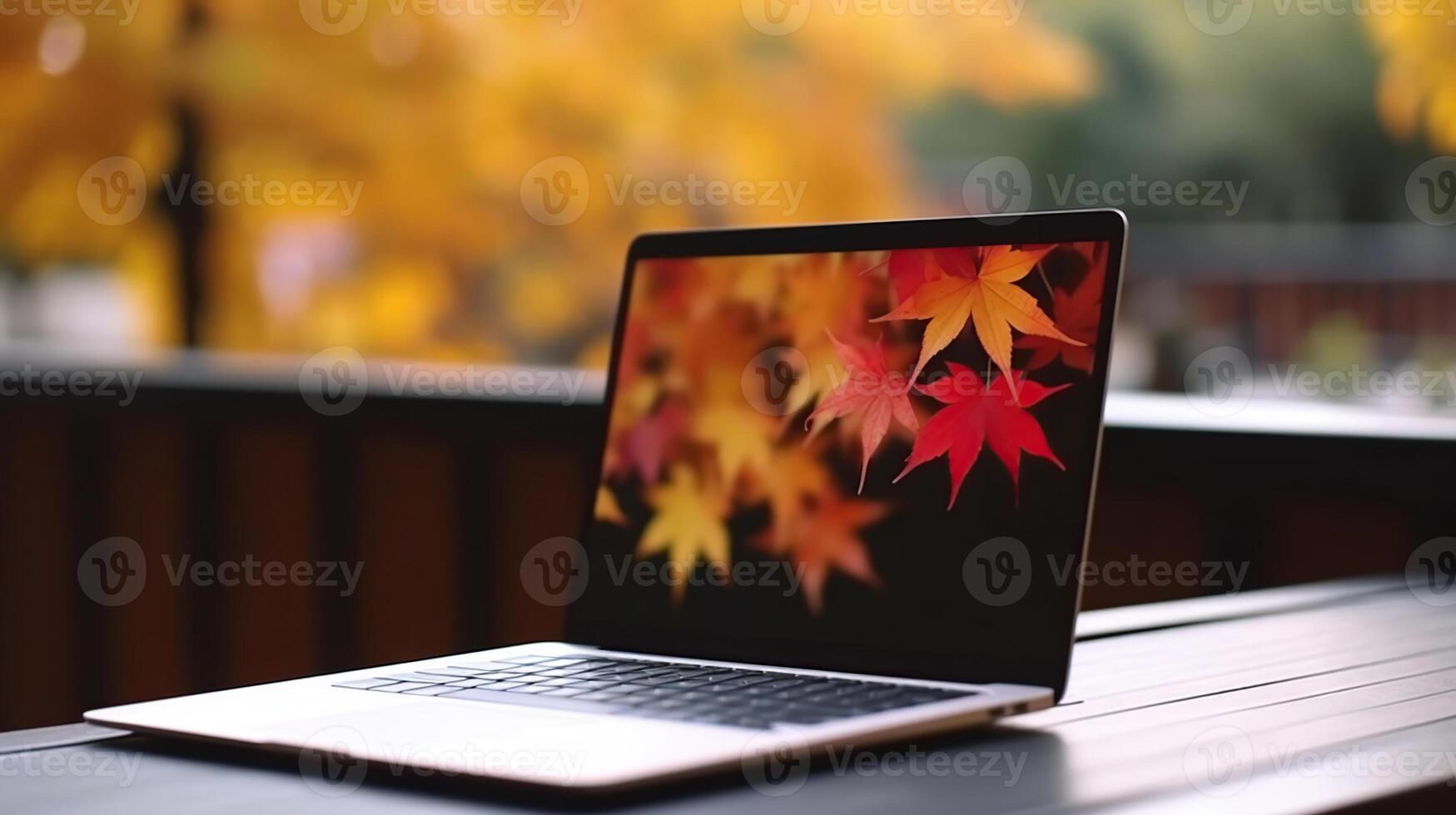 Blank screen laptop computer on terrace with beautiful autumn colorful red and yellow maple leaves background, photo