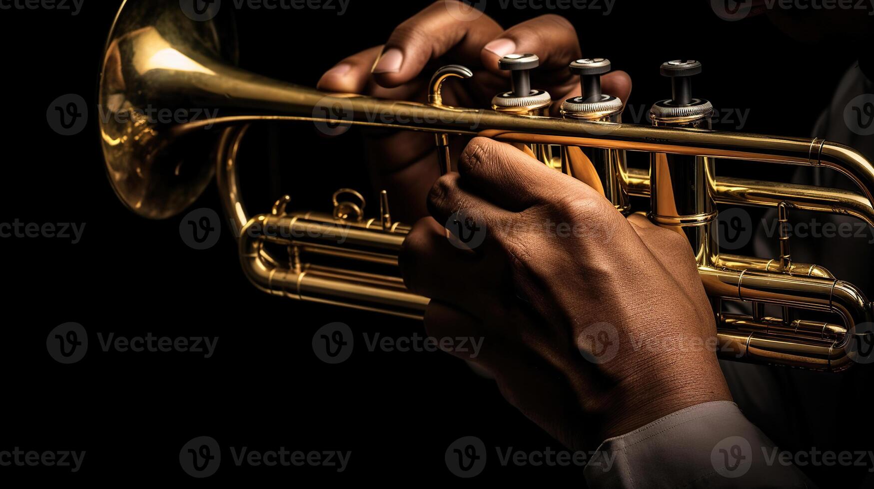 Trumpet instrument. Music player trumpeter jazz playing. Brass instrument cornet hands, photo