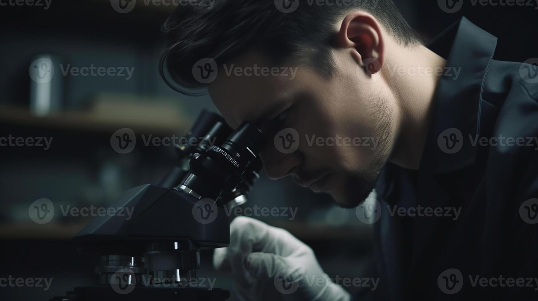 Scientist using microscope in laboratory, photo