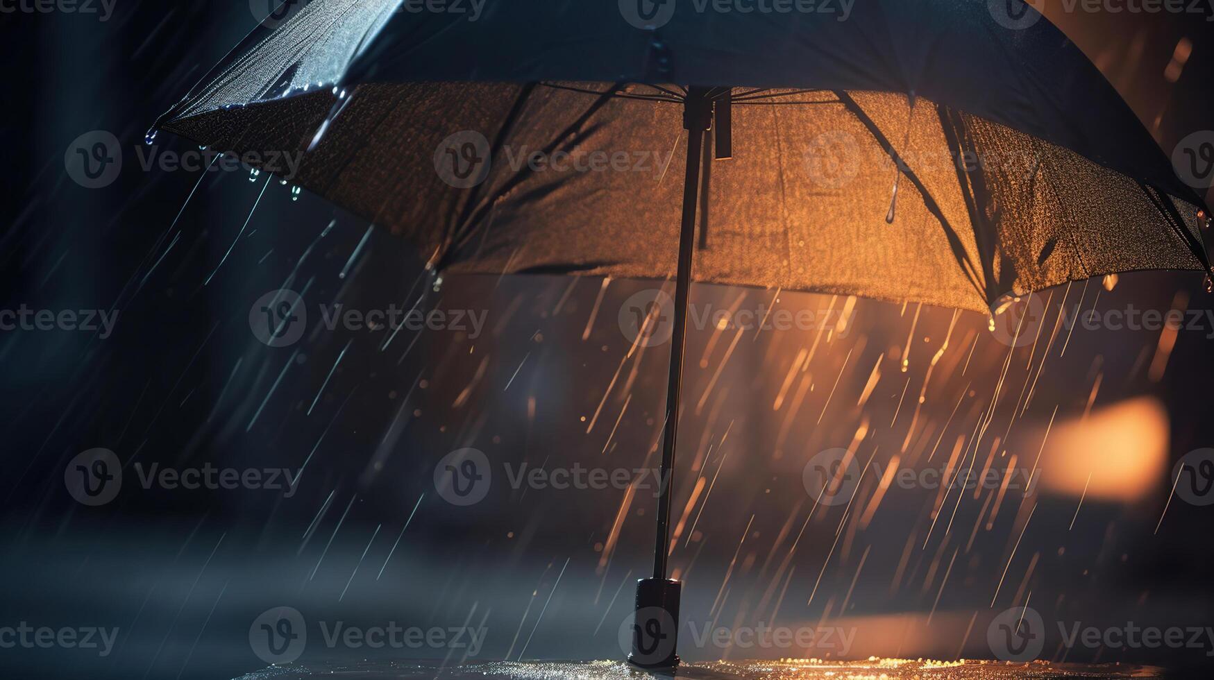 Rain And Lightning On Black Umbrella On Defocused Background - Abstract Weather Concept, photo