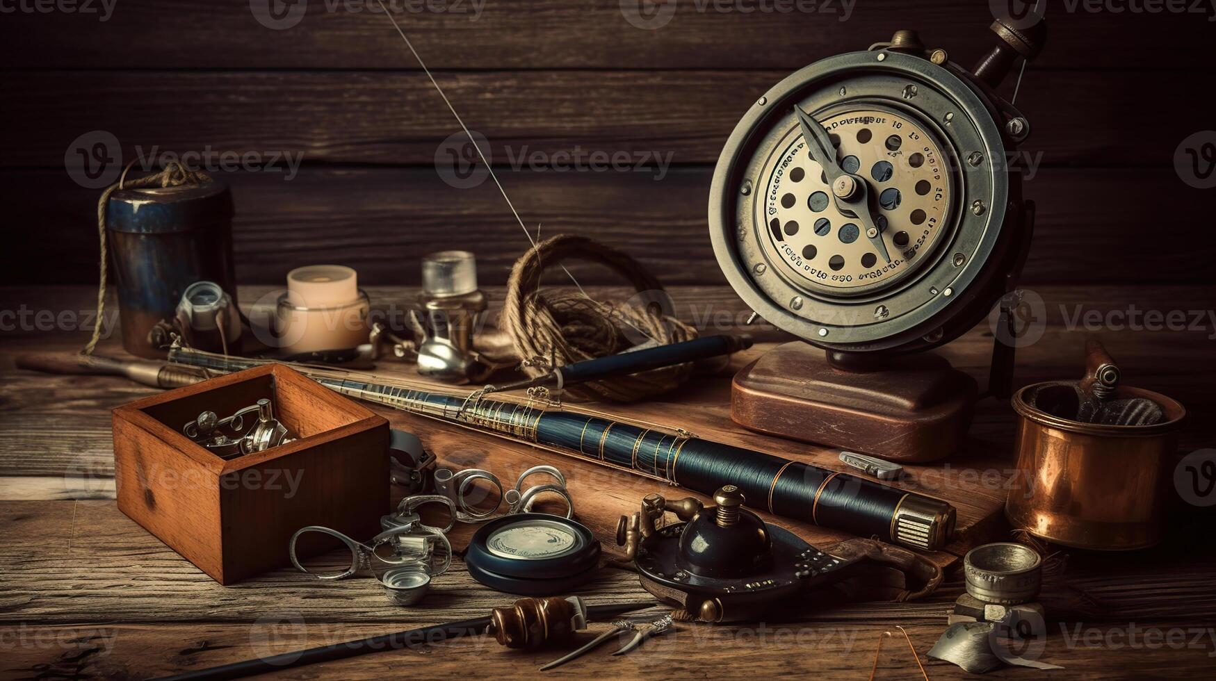 Fishing theme. Frame with reel, rod, fishing buoy, compass, feeder, knife and fish string on wooden background. photo