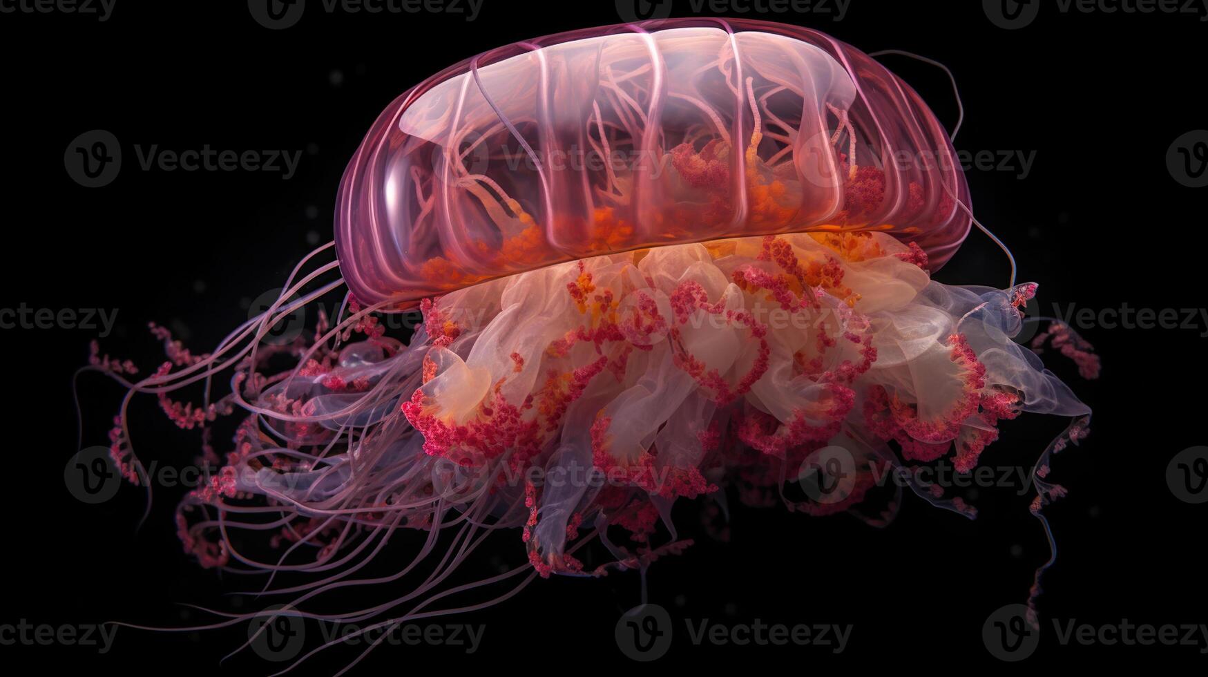 Red Jellyfish dansing in the dark blue ocean water, photo