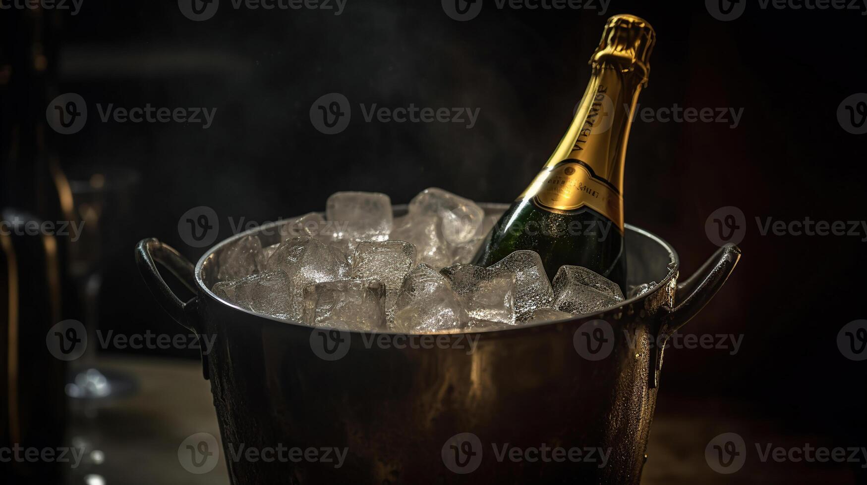 Bottle of champagne in bucket of ice on gold blink blurred background, photo