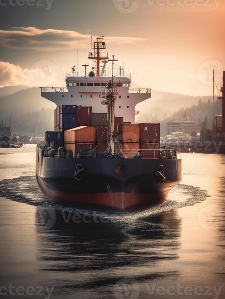Port terminal operations and handling equipment. Tugboat push large cargo vessel to berth at port terminal, photo