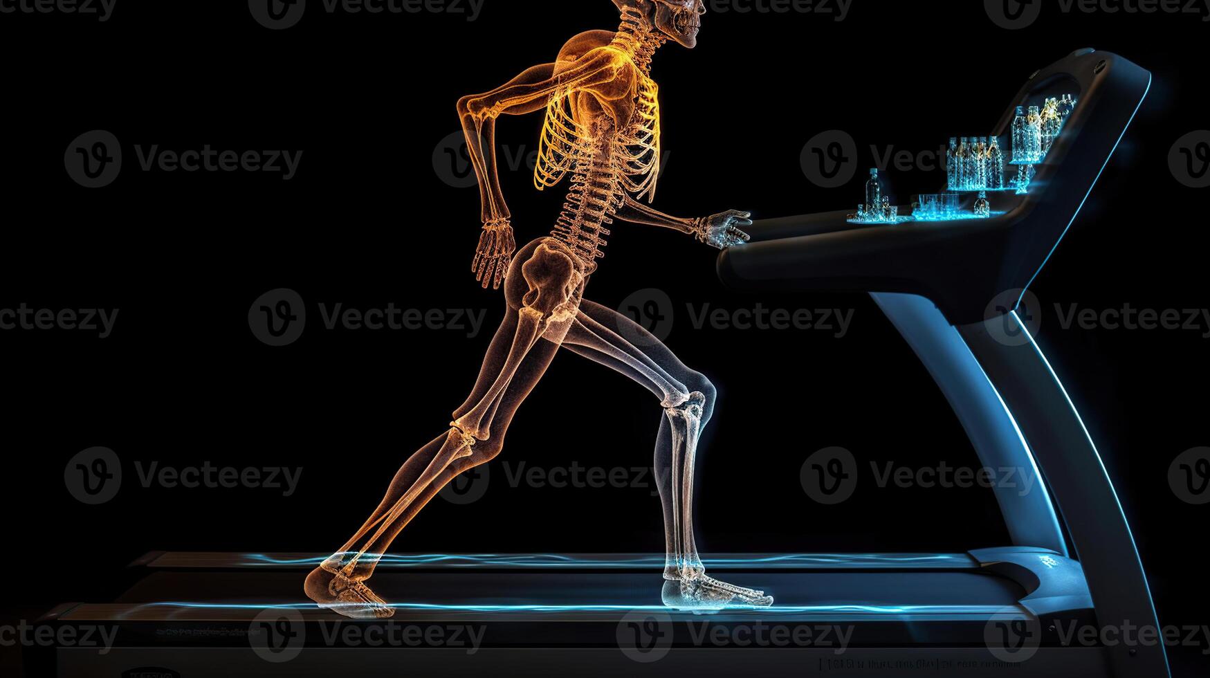 Digital composite of Highlighted bones of man on treadmill, photo